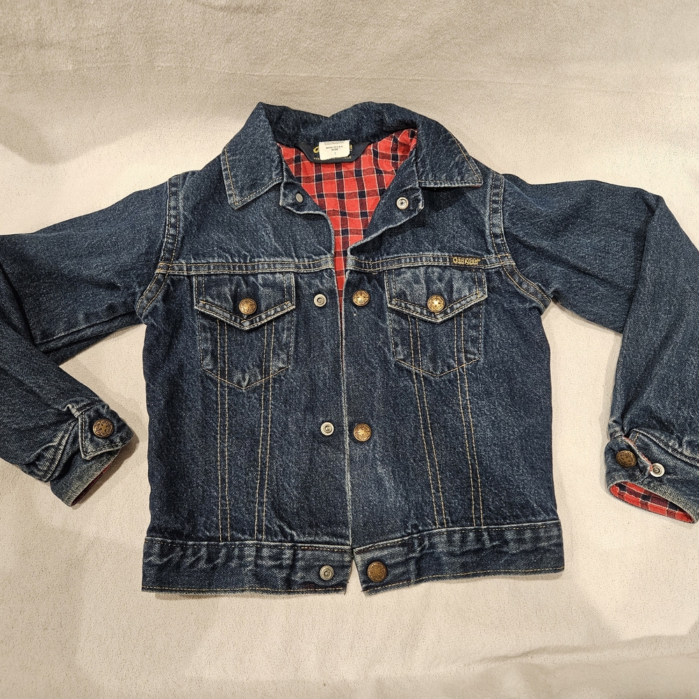 Vintage OshKosh B'gosh Blue Denim Jacket with Red Plaid Lining